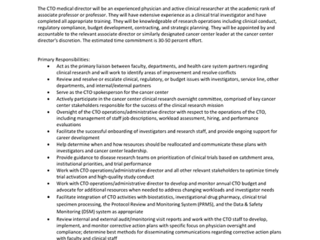 CTO Medical Director Job Description