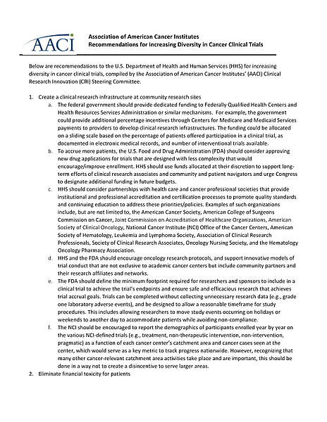 AACI HHS Clinical Trial Diversity Policy Recommendations 08182022